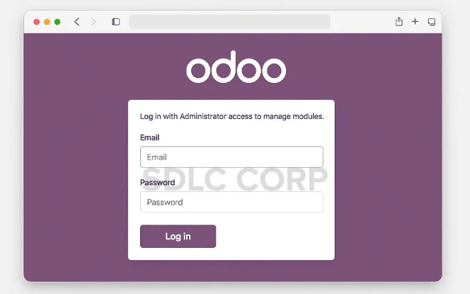 Web browser open to the Odoo login page with fields for email and password, indicating administrator access is required.
