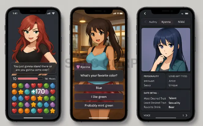 Screens from HuniePop showing match-3 gameplay, character dialogue, and personality profiles