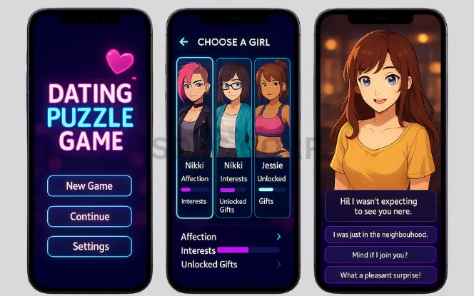 Mobile UI screens showing dating puzzle game menu, character selection, and dialogue interaction