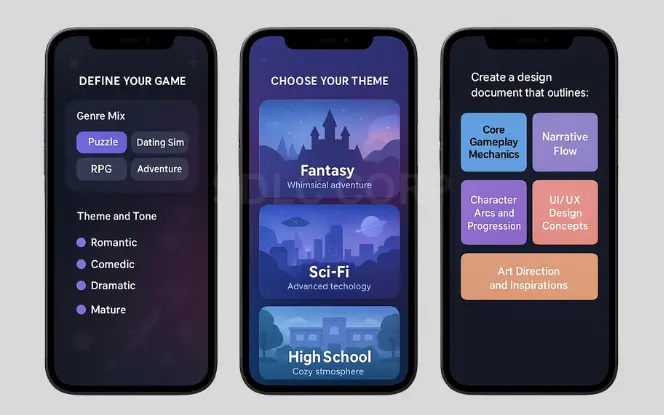 Mobile screens showing game genre selection, theme choices, and design document planning for a dating sim game