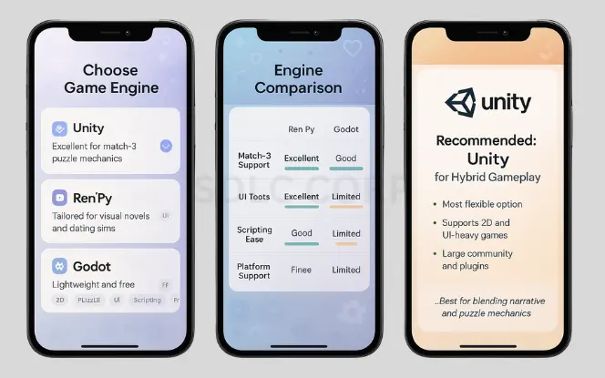 Mobile UI showing selection and comparison of game engines including Unity, Ren'Py, and Godot for puzzle and narrative games