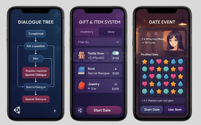 Mobile UI screens displaying dialogue tree builder, gift and item system, and match-3 puzzle date event for dating sim gameplay