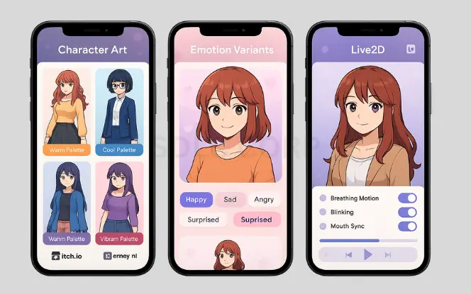 Mobile UI screens showing anime-style character art selection, emotion variants, and Live2D animation settings for a dating sim game
