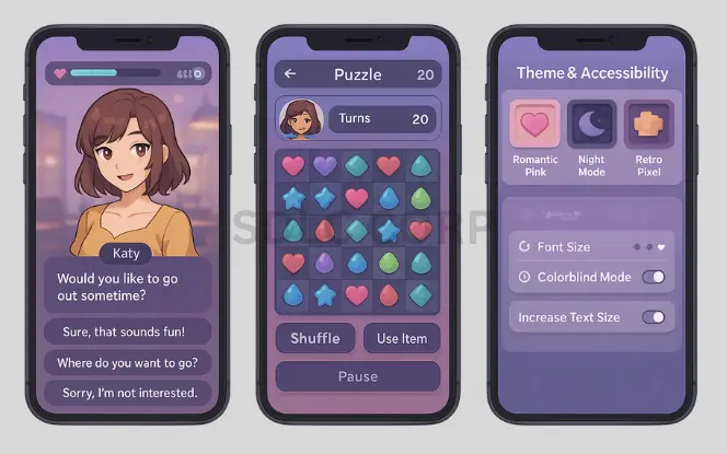 Mobile screens displaying a dating sim conversation, a match-3 puzzle grid, and theme and accessibility settings including colorblind mode and font size