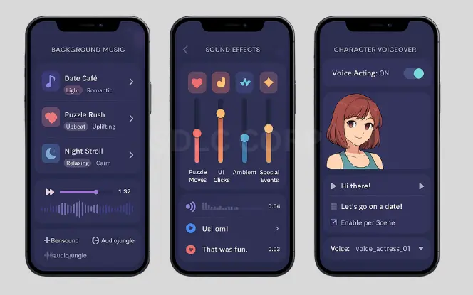 Mobile UI screens showing background music playlist, adjustable sound effects mixer, and character voiceover settings for a dating sim game