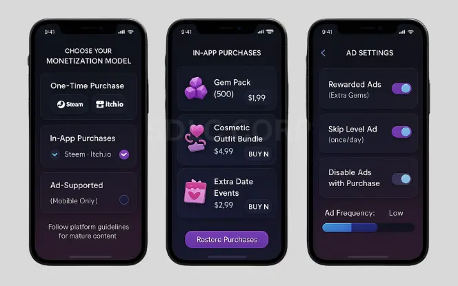 Mobile UI screens showing monetization options including one-time purchase, in-app purchases, and ad settings for a hybrid dating puzzle game
