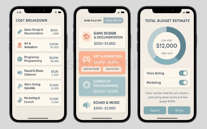 Three mobile UI screens showing detailed game development cost breakdown, category budgeting for indie and studio teams, and a total budget estimate chart