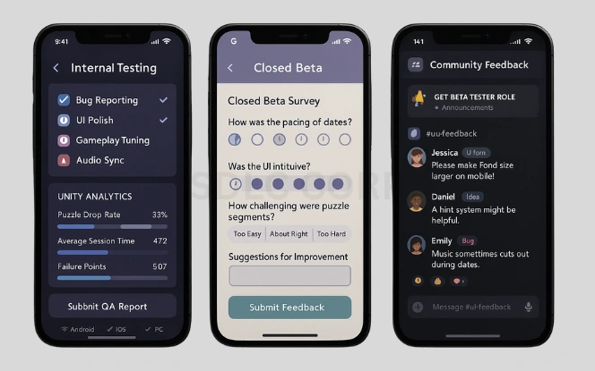 Three mobile UI screens displaying internal testing analytics, closed beta feedback form, and community feedback chat for game development