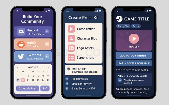 Mobile UI screens showing community building tools with Discord and Reddit, press kit creation with assets, and Steam game launch interface with wishlist and early access options