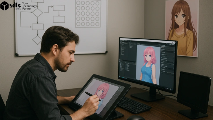 Game designer working on an anime-style character using a digital tablet, with Unity open on a monitor, and whiteboards showing puzzle grid and flowchart in the background
