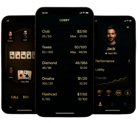 Mobile poker game app interface showing lobby and table screens for an Octro Poker-like app
.