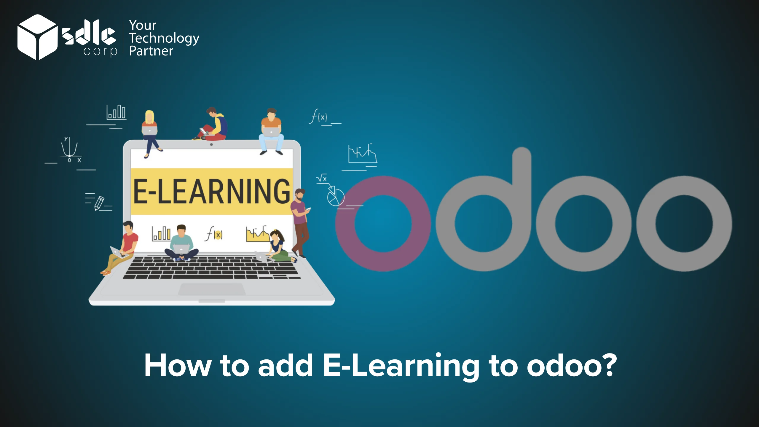 Illustration showing how to add an e-learning module in Odoo with a laptop displaying online learning content and the Odoo logo