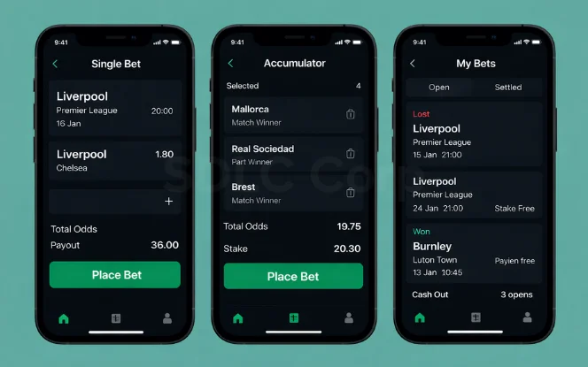 Mobile screens showing single bet details, accumulator selections, and bet history.