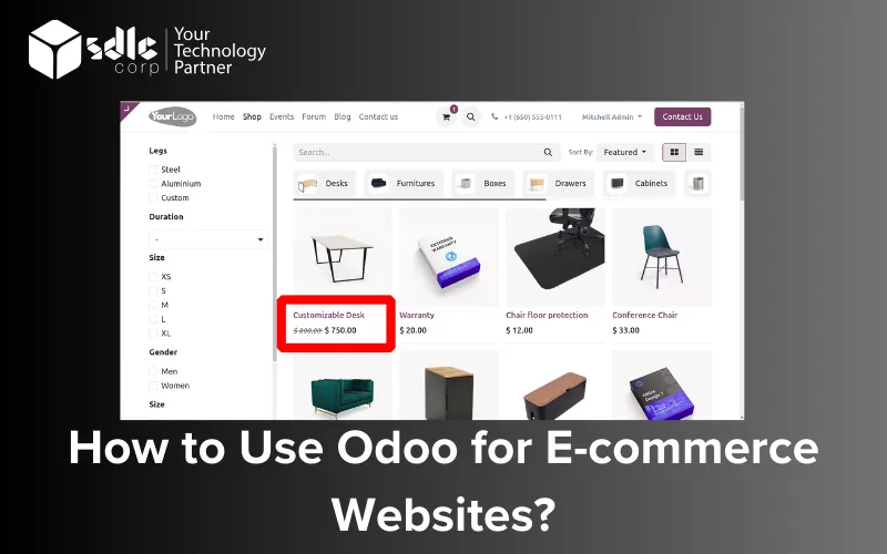 Odoo eCommerce website interface displaying product catalog, filters, and customizable desk product listing