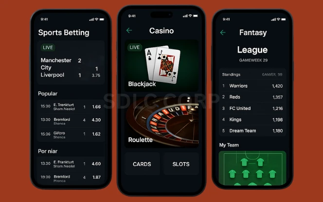 Illustration showing the components and user interface of a modern betting app, including live odds, bet slip, sports categories, and in-play features