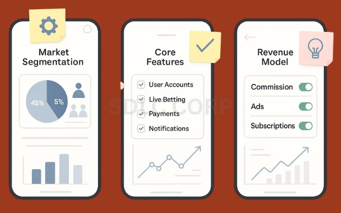 Visual representation of a structured betting app development strategy, featuring steps like competitor analysis, feature planning, wireframe creation, tech stack selection, and timeline scheduling