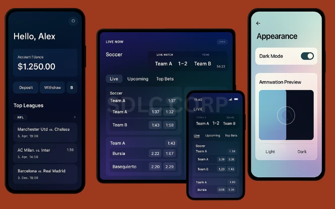 Illustration of a betting app’s UI/UX design focused on user experience, featuring intuitive menus, seamless navigation, quick access to live bets, visually appealing layouts, and interactive elements that streamline the user journey