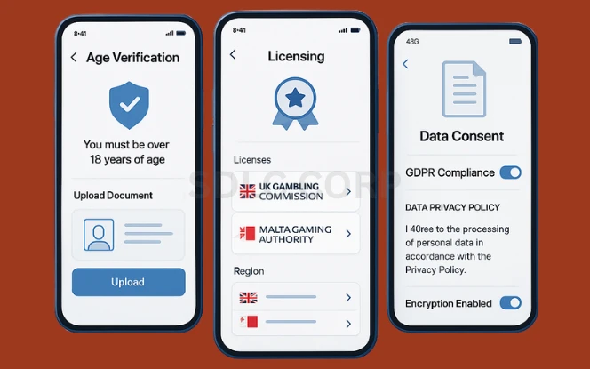 Graphic illustrating key elements of licensing and legal compliance for betting apps, including government-issued licenses, age and identity verification, GDPR-compliant data handling, responsible gambling measures, and regulatory approval from global authorities like UKGC and MGA