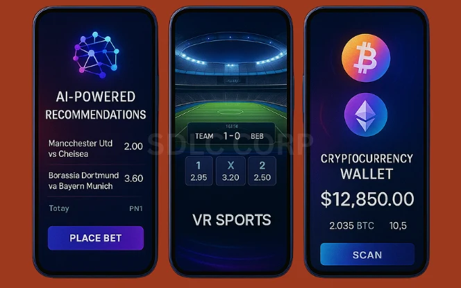 Infographic showcasing emerging trends in betting app development, such as integration of artificial intelligence for personalized user experiences, blockchain technology for transparent and secure transactions, augmented reality interfaces, social betting and community features, predictive analytics for smarter odds, and advanced tools for promoting responsible gambling