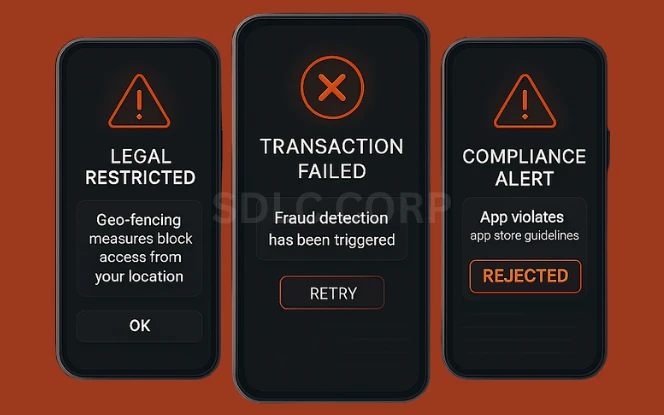 Diagram illustrating major challenges in betting app development, including legal compliance across jurisdictions, securing financial transactions, ensuring real-time performance and scalability, integrating reliable data feeds, combating fraudulent activities, and maintaining a smooth user experience across multiple devices