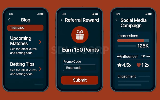 Infographic illustrating marketing and user acquisition strategies for a betting app, featuring targeted ad campaigns, app store optimization, influencer and affiliate marketing, referral bonuses, social media engagement, SEO tactics, and streamlined user onboarding processes