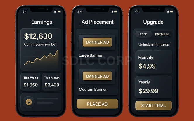Infographic depicting various monetization strategies for betting apps, including in-app advertising, betting commissions, freemium models with premium features, subscription-based access, affiliate links to sportsbooks, and brand sponsorship integrations