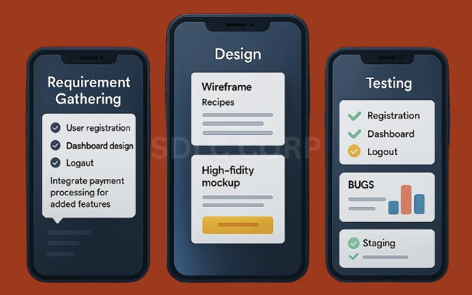 Visual timeline outlining the major phases of betting app development, starting from market research and requirement analysis, followed by UI/UX design, frontend and backend development, third-party API integration, QA testing, app store deployment, and ongoing maintenance