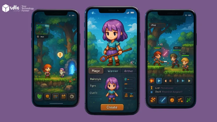 A feature image showcasing three mobile screens side-by-side, each depicting scenes from a MapleStory-inspired 2D MMORPG—featuring a vibrant forest world, a detailed character creation interface, and multiplayer combat action, all in whimsical pixel art style.