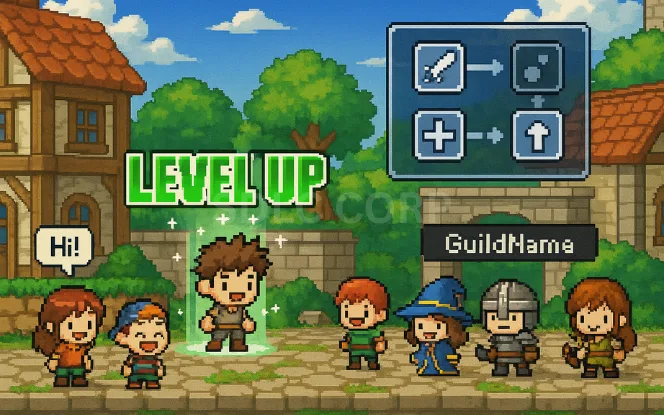 Artwork highlighting the key attractions of MapleStory, including vibrant 2D anime-style graphics, whimsical fantasy environments, diverse character classes, deep customization options, cooperative multiplayer gameplay, and nostalgic side-scrolling adventures that foster a strong player community