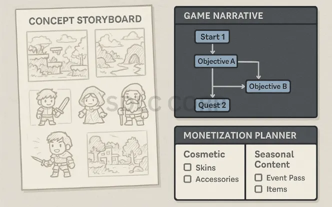 Infographic outlining key steps in planning a game concept, featuring elements like initial idea generation, genre and platform selection, defining core gameplay mechanics, identifying the target audience, establishing art style direction, and building a compelling story or game world