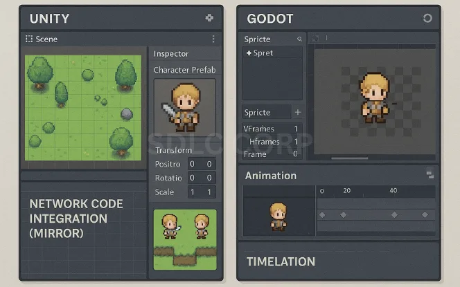 Infographic comparing top game engines such as Unity, Unreal Engine, and Godot, showing key factors like visual quality, scripting support, asset management, cross-platform compatibility, learning curve, performance optimization, and ideal use cases for 2D or 3D game development