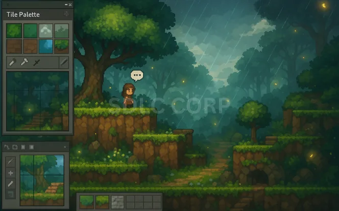 Illustration showcasing the process of designing a game world, including hand-drawn maps, diverse environments such as forests, mountains, and cities, level layout planning, interactive elements, lore integration, and visual storytelling to create an immersive player experience