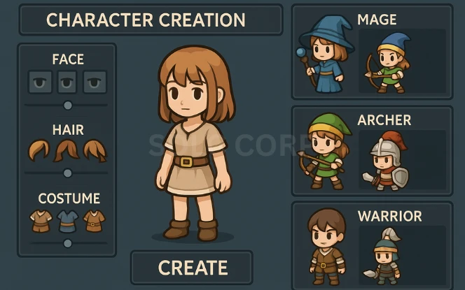 Infographic showcasing a character creation system interface with customizable features such as character race, class, gender, facial structure, hairstyles, clothing, skill sets, attribute points, and preview panels for real-time visual updates