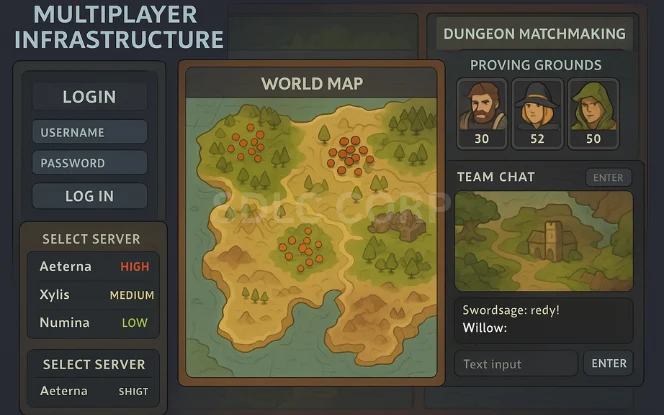 Diagram illustrating multiplayer game infrastructure, including client-server communication, peer-to-peer networking models, real-time matchmaking, session management, cloud-based server deployment, latency handling systems, and tools for scaling gameplay across global regions