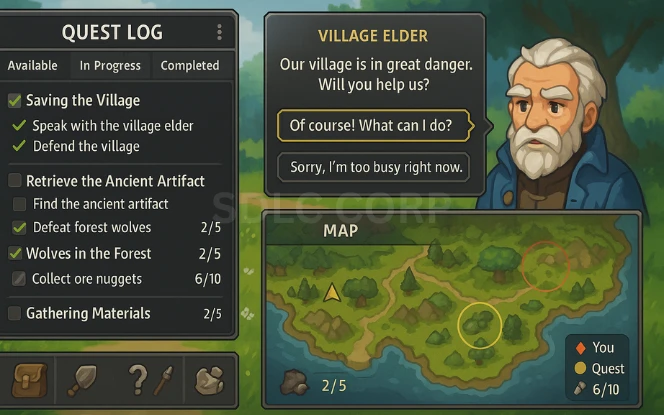 Infographic depicting the structure of a quest system in an MMORPG, including branching storylines, quest types such as main, side, and repeatable missions, NPC dialogue interaction, quest objectives and triggers, progress tracking systems, reward mechanics, and integration with game world events and player data