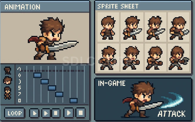 Infographic displaying various art and animation styles used in games, including pixel art, hand-drawn 2D illustrations, cel-shading, 3D realistic modeling, character rigging and bone animation, frame-by-frame sprite animation, and visual effects for motion, lighting, and combat sequences