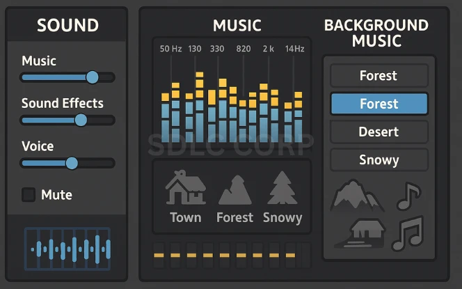 Infographic highlighting key aspects of audio design in games, including background music composition, dynamic sound effects, ambient environmental sounds, character voice acting, spatial audio implementation, adaptive audio systems, and integration tools like FMOD and Wwise