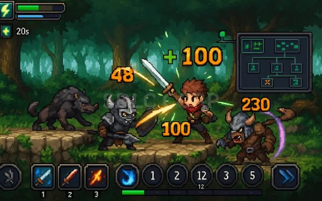 Infographic showcasing combat and skill systems in game design, featuring elements like real-time and turn-based combat, skill trees with branching abilities, cooldown and mana management, damage types and resistances, combo mechanics, and interface components such as health