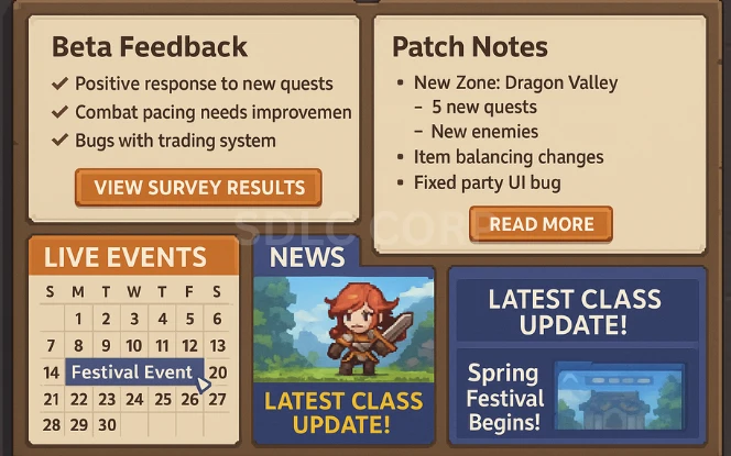 Infographic showing the stages of game launch and post-release support, including final build deployment, app store submission, marketing and promotional campaigns, real-time player feedback monitoring, bug fixes and hotfix patches, release of new content updates, performance tracking, and active community engagement