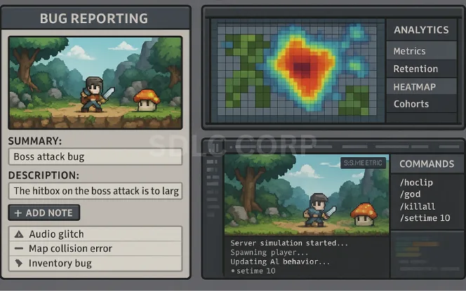 Infographic outlining the testing and quality assurance process in game development, including phases such as bug identification and tracking, functional and regression testing, performance benchmarking, cross-platform compatibility checks, automated test execution, user playtesting feedback, and final QA validation before launch