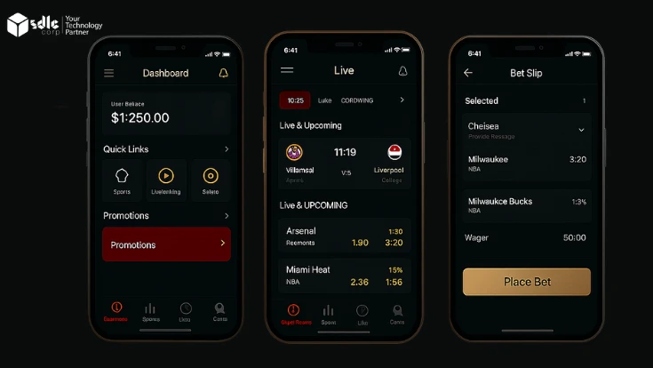 Three smartphones showcasing a modern betting app interface with dashboard, live match updates, and bet slip; digital background with football and basketball icons emphasizing online sports betting