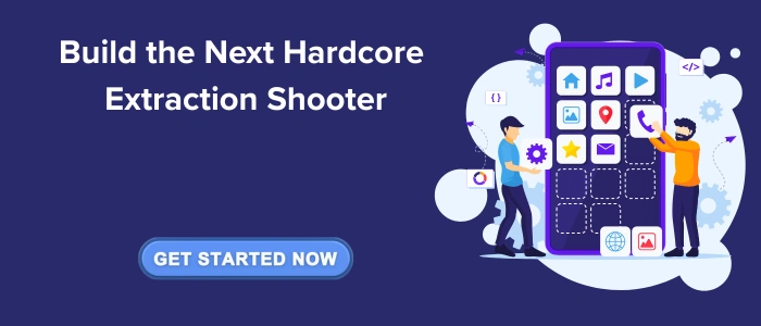 Illustration of two developers interacting with a large smartphone screen interface filled with app icons, accompanied by the headline 'Build the Next Hardcore Extraction Shooter'. A blue 'Get Started Now' button is prominently displayed below the text. Stylized gears, code symbols, and abstract design elements decorate the background on a dark purple backdrop.