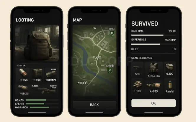 Mobile UI mockups showing looting, map navigation, and survival results from an extraction shooter game