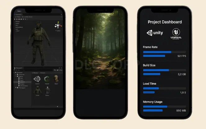 Mobile screens displaying Unity 3D character editor, a forest game environment, and a performance dashboard comparing Unity and Unreal Engine