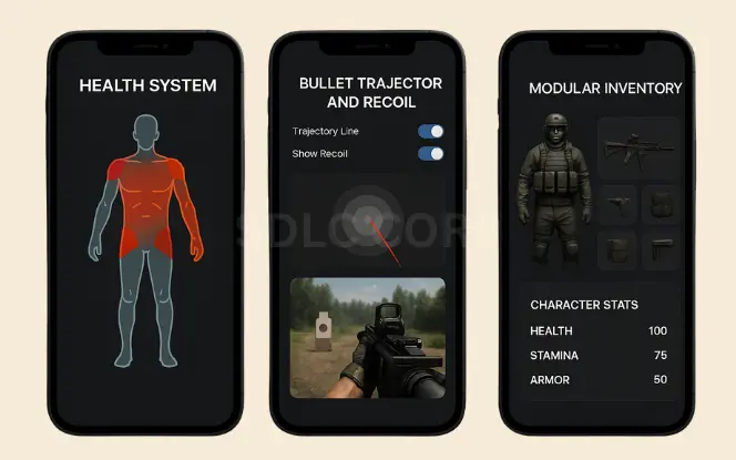 Mobile UI showing health system diagram, bullet trajectory and recoil settings, and modular inventory with character stats in a shooter game