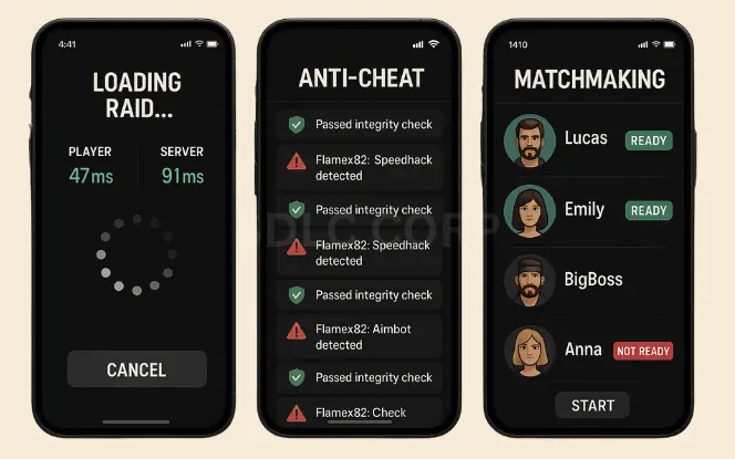 Three mobile screens showing game loading latency, anti-cheat status checks, and multiplayer matchmaking readiness list