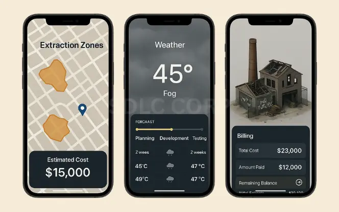 Mobile UI showing extraction zone mapping with cost, dynamic weather forecast, and a 3D model of a damaged building with billing summary