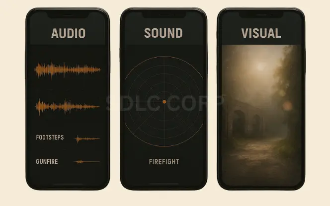 Three mobile screens showing audio waveforms for footsteps and gunfire, a directional sound radar labeled 'firefight', and a moody in-game visual scene