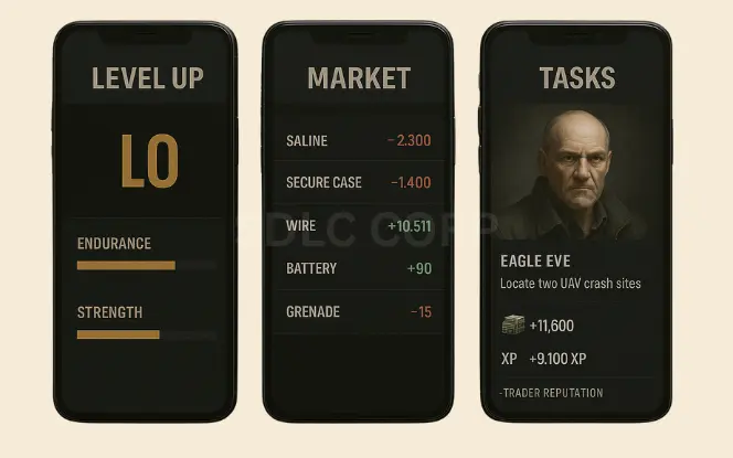Mobile UI screens showing level-up stats for endurance and strength, in-game marketplace prices, and a mission briefing with character portrait and XP rewards