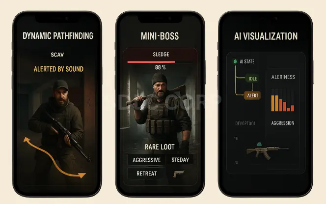 Mobile UI showing dynamic pathfinding with alerted scav, a mini-boss character with health and behavior options, and AI state visualization charts